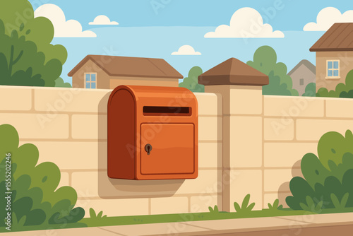 Red mailbox on brick wall fence in suburban residential area. Cartoon vector illustration of modern locked postbox outdoors. Neighborhood mail delivery, home communication, postal service concept
