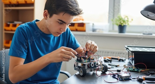 Wallpaper Mural Young caucasian male teen building a robotic car in home workshop Torontodigital.ca