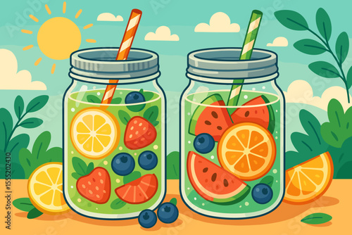 Summer detox water with lemon, orange, strawberry, blueberry, watermelon in mason jars. Refreshing fruit infused drink. Healthy hydration. Cartoon vector. Outdoor picnic, sunny day, nature.