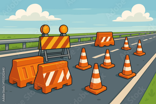 Highway road safety equipment with orange traffic barriers, striped warning signs, reflective cones, construction zone, vector cartoon illustration, transportation safety, no text, outdoor scene