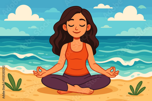 Tranquil woman practicing yoga meditation on sandy beach by ocean waves, relaxing in lotus pose, peaceful summer coastal wellness retreat, mindfulness, healthy lifestyle, vector cartoon illustration