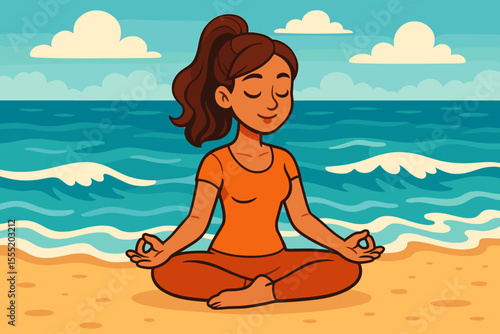 Tranquil woman practicing yoga meditation on sandy beach by ocean waves. Relaxation, mindfulness, wellness, seaside morning routine. Peaceful coastal lifestyle vector cartoon illustration.