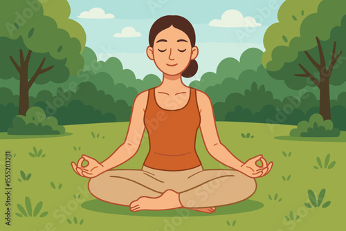Calm woman practicing yoga meditation in lotus pose outdoors, peaceful park setting, mindfulness, relaxation, healthy lifestyle, nature, cartoon vector illustration, wellness concept