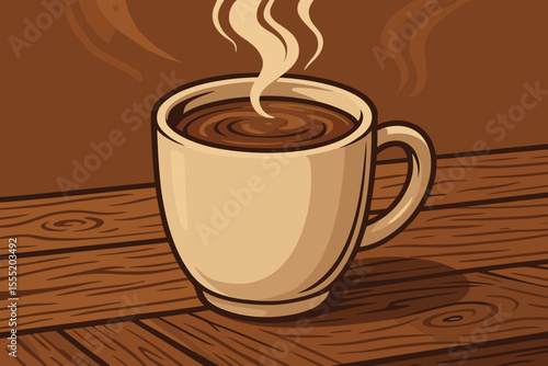 Steaming mug of hot cocoa or coffee on rustic wooden table, comforting warm beverage for winter mornings, cozy drink illustration, vector cartoon, relaxation and comfort concept
