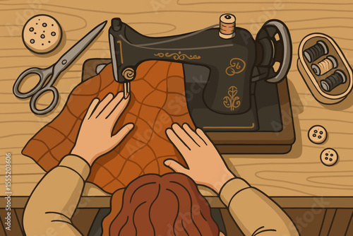 Top view of woman sewing fabric on vintage sewing machine in tailor workshop. Cartoon vector illustration of hands stitching textile, scissors, threads, buttons, handmade craft, needlework concept