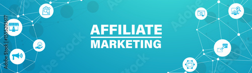 Affiliate marketing concept with icons. Pay per click, buyer, publisher, link, advertising, website, SEO, merchant. Web vector infographic