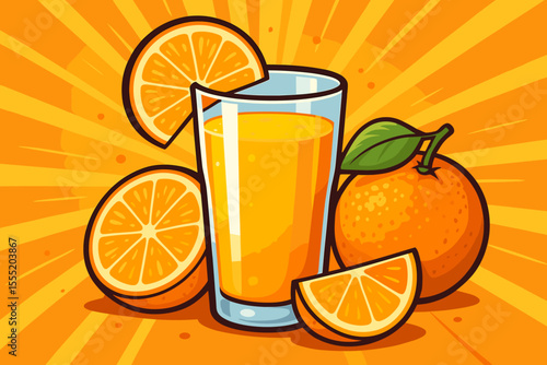 Refreshing glass of fresh squeezed orange juice with whole and sliced oranges, vibrant citrus burst, juicy fruit, vitamin C, healthy breakfast drink, cartoon vector illustration