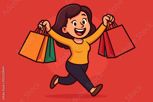 Happy woman running with colorful shopping bags, joyful shopping spree, retail therapy, cartoon vector illustration, energetic female shopper on vibrant red background, consumer lifestyle concept