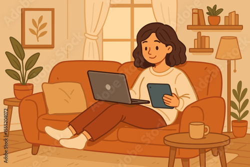 Cozy home workspace woman multitasking on sofa with laptop and tablet. Modern remote work lifestyle. Relaxed living room interior, plants, books, coffee. Vector cartoon illustration, freelance concept
