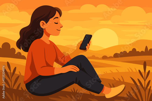 Woman sitting outdoors with smartphone in hand, relaxing in peaceful countryside at sunset, digital detox, mindfulness, rural landscape, modern lifestyle, vector cartoon illustration