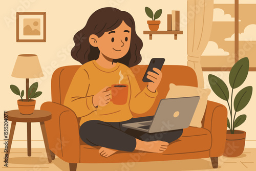 Woman relaxing at home with coffee, using smartphone and laptop on cozy sofa. Modern living room interior with plants, warm lighting, casual lifestyle, remote work, comfort, vector illustration