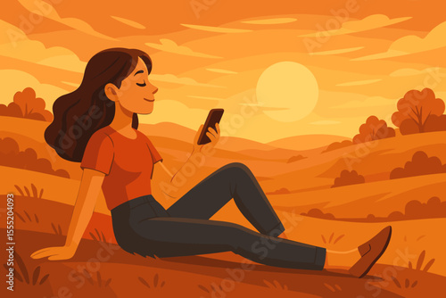 Young woman relaxing outdoors with smartphone at sunset in peaceful rural landscape, leisure lifestyle, digital detox, countryside hills, summer evening, tranquil nature vector illustration