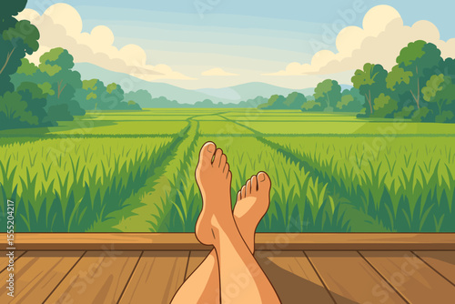 Relaxing barefoot legs on wooden terrace overlooking lush green rice paddy field, tranquil countryside morning landscape, peaceful rural nature retreat, summer vacation vector illustration