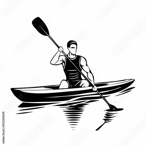 black and white kayaker paddling on water clip art preview
