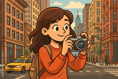 Young woman photographer exploring vibrant city street with vintage camera, urban adventure, tourism, yellow taxi, skyscrapers, cityscape, travel concept, vector cartoon illustration