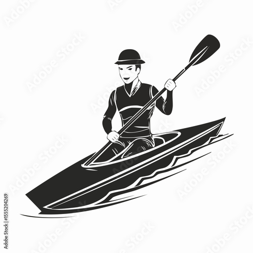 black and white kayaker paddling on water clip art preview