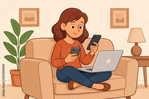 Young woman multitasking with two smartphones and laptop on cozy living room sofa. Remote work, digital lifestyle, online communication, modern technology, home office vector cartoon illustration