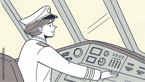 Cartoon Airplane Pilot in Cockpit with Control Panel Illustration.