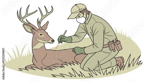 Cartoon Hunter with Mask Tagging a Deer in a Field.