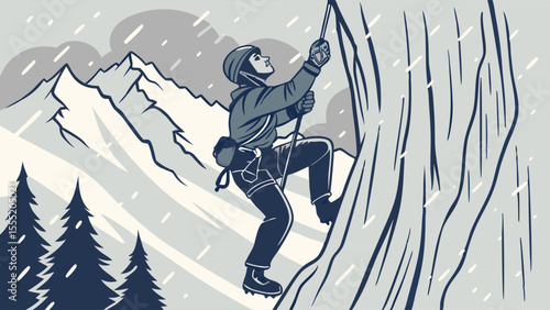 Climber Ascending Icy Mountain Face in Snowstorm.