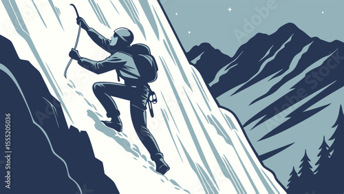 Climber Ascending Icy Mountain Face at Night.