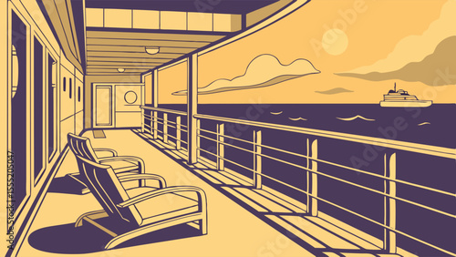 Cruise ship deck with chairs overlooking the ocean at sunset.