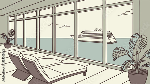 Cruise ship view from lounge chairs with potted plants.