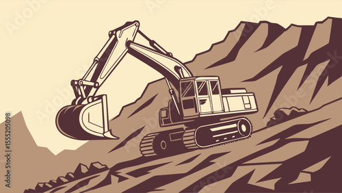 Excavator Digging Earth on a Sloped Terrain in Vector Illustration.