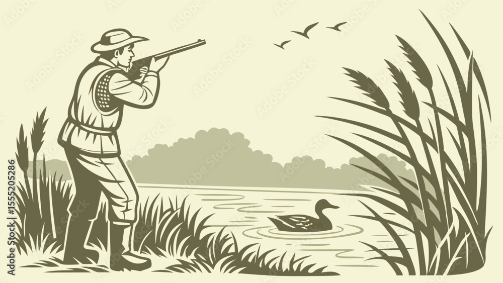 Fototapeta premium Hunter aiming at a duck in a tranquil marsh.