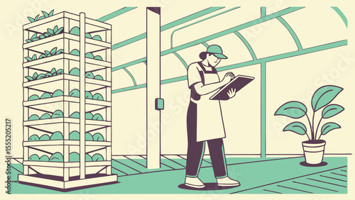 Gardener Inspecting Plants in a Greenhouse with Vertical Farming System.