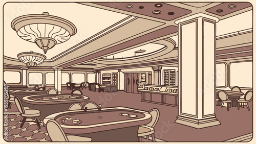 Illustrated Casino Interior with Poker Tables and Elegant Lighting.