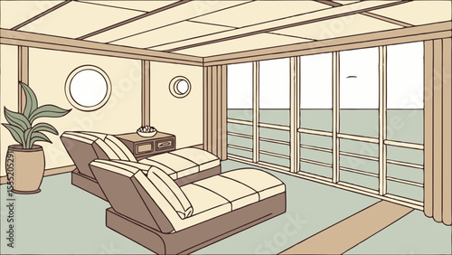 Illustrated interior with chaise lounges plant and large window.