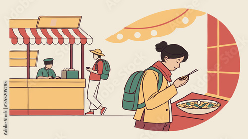 Illustration of People at a Food Stall and Enjoying Meal.