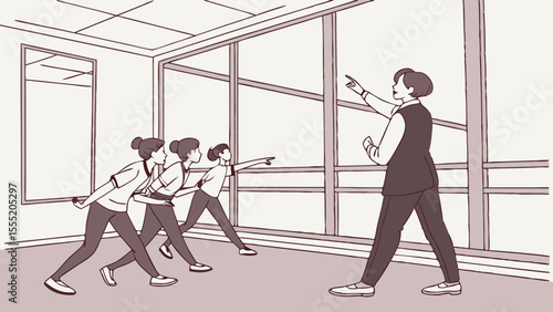 Instructor Directing Students in a Classroom Setting with Large Windows.