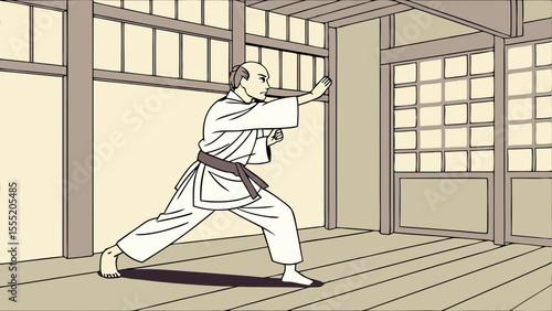 Karate Practitioner Performing a Punch in Traditional Dojo Setting.
