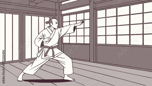 Karateka in Traditional Dojo Performing Kata Stance.