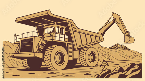 Large Dump Truck and Excavator Working at a Mine Site.