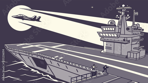 Stylized Illustration of Aircraft Carrier with Jet and Personnel.