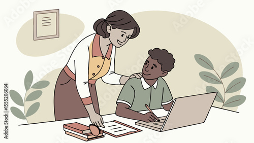 Teacher Guiding Student with Laptop and Notebook Illustration.