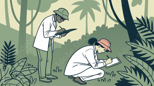 Two Scientists Conducting Field Research in a Tropical Forest.
