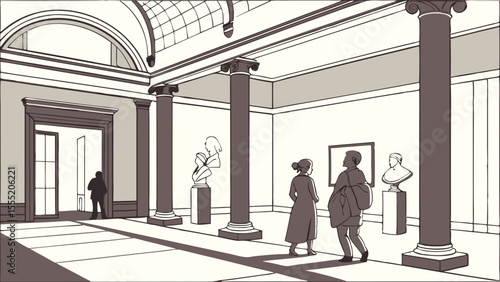 Visitors Exploring a Museum Gallery with Classical Sculptures.