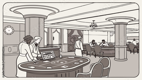 Vintage Casino Interior with Players and Staff.