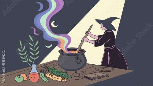 Witch Brewing Magical Potion at Night.
