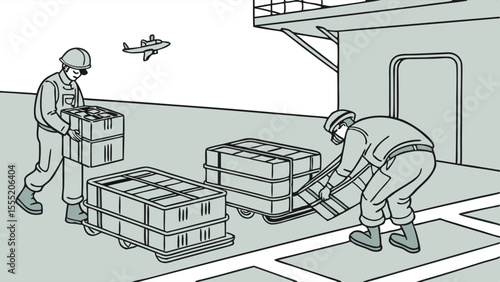 Workers Loading Cargo on a Ship with Airplane Overhead.
