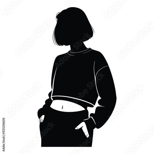 Cropped Sweater Street Style Silhouette, Vector, Illustration, Outline, Icon, Logo, White Background.
