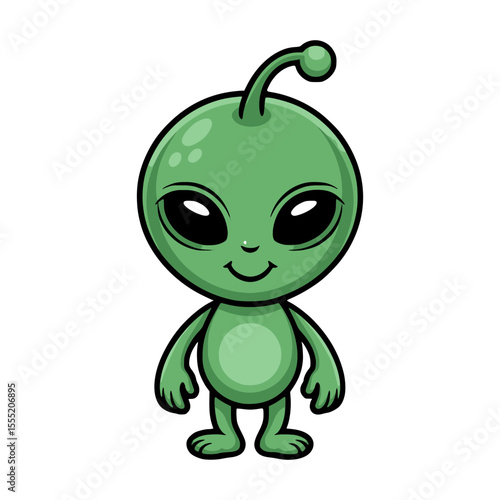 Cute little green alien cartoon character. The alien has big eyes, a small antenna, and a friendly smile.  