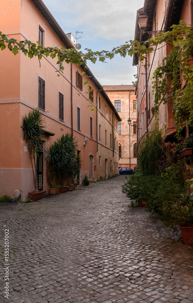 Fototapeta premium Callejón antiguo en las sombras en ciudad europea. Viejos edificios alrededor. Viajes y turismo. Arquitectura y urbanismo.