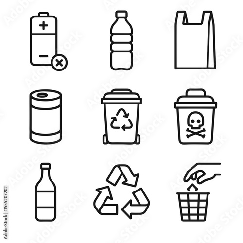 Recycling icons of batteries, plastic, and hazardous waste symbols  