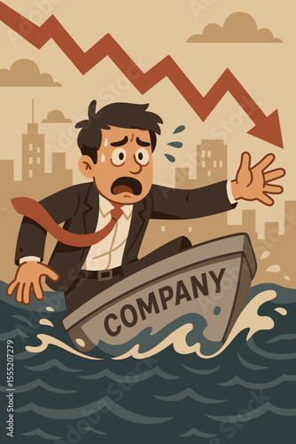 Desperate businessman in sinking company boat metaphor. Financial crisis, market instability, and bankruptcy concept. Man struggling to stay afloat during recession with down arrow.