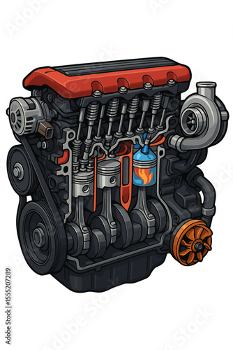 Powerful car engine cross-section showing internal combustion. Motor cutaway with pistons, crankshaft, and turbocharger. Automotive engineering vector diagram illustration.